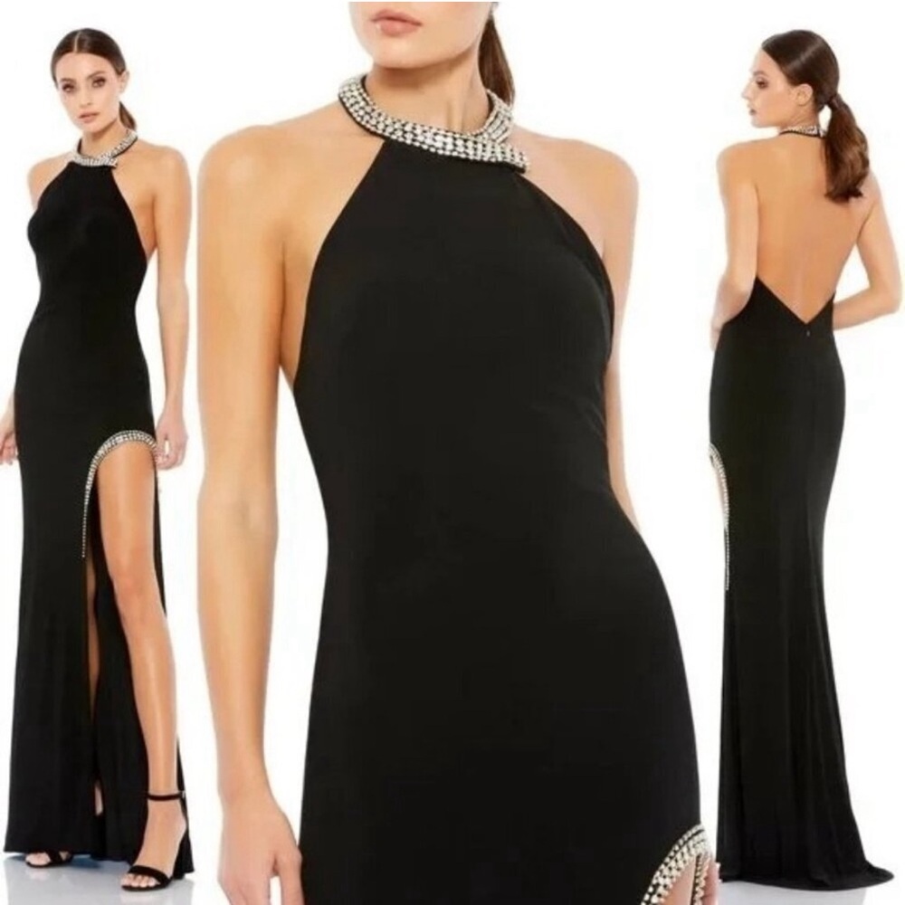 Ieena for Mac Duggal New With Tags Halter Dress High Slit Open Back Rhinestones